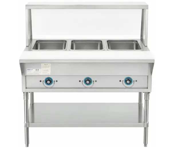 Prepline 48" Three Well Electric Hot Food Steam Table with Sneeze Guard and Undershelf 