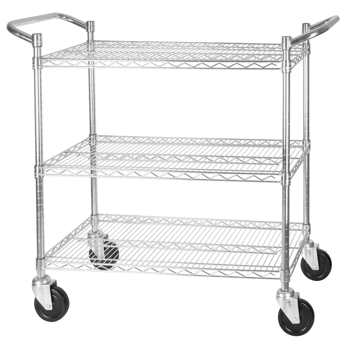 - 3-Tier Wire Shelving Cart, Chrome Plated, Double Handle with Brake - 24" x 48"