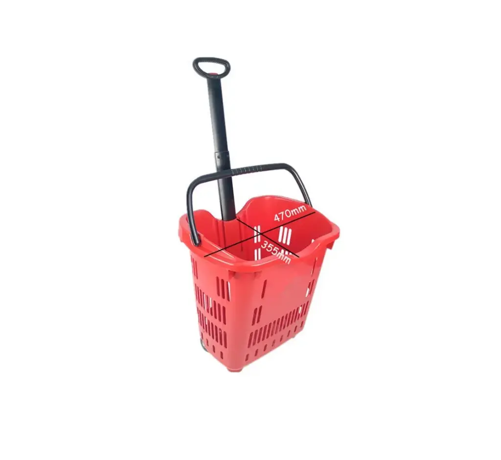 Red Plastic Rolling Shopping Basket