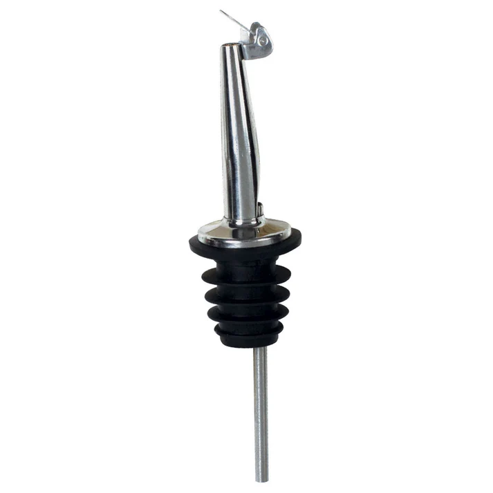 Metal Pourers, Tapered Spout &amp; Hinged Cap, Black Plastic Stopper