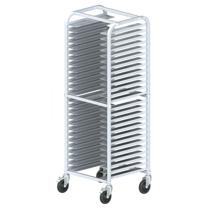  26-Tier End-Load Pizza Pan Rack with Brakes - 2" Spacing - Welded