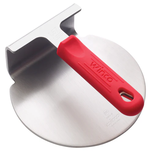 One-Piece 18/8 Stainless Steel Smashed Burger Press with Red Silicone Sleeve