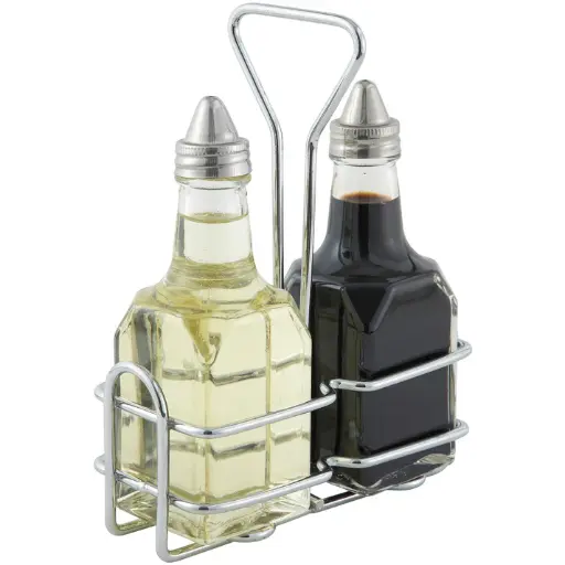 [G-104S] Two 6 oz Square Bottle Set with Lids & Chrome-Plated Rack