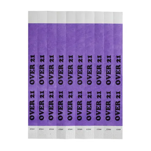  Bar Maid Waterproof Tear-Free Wristbands - OVER 21 (Purple/Black) (500 Pieces/Pack)