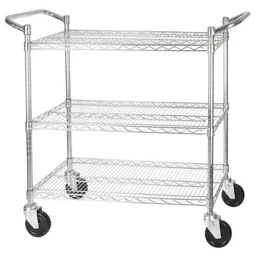 [VCCD-2448B] - 3-Tier Wire Shelving Cart, Chrome Plated, Double Handle with Brake - 24" x 48"