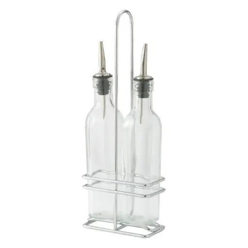 [GOB-8S] Oil/Vinegar Cruet Set with Chrome Plated Rack & Two Bottles - 8 oz
