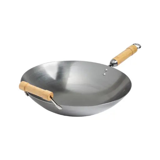 [J20-1140] Joyce Chen Uncoated Carbon Steel Round Bottom Wok with Birch Handles, 14"