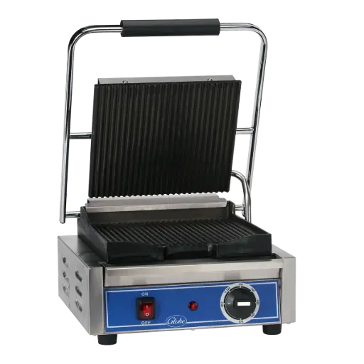 Globe  Single Commercial Panini Press w/ Cast Iron Grooved Plates, 120v